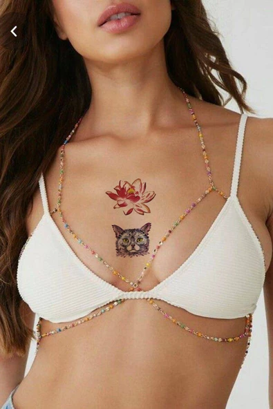 Renkli Kedi Lotus Göğüsarası Sırt Bacak Kasık Geçici Dövme Tattoo