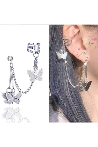 Retro Vintage Kelebekli Zincirli Çiftli Küpe Çelik Aksesuar - 2