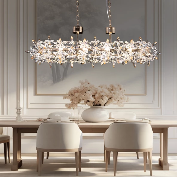 Apliqa Mercan Sıralı Gold Kristal Taşlı Modern Oturma Odası, Yemek Masası Üstü, Salon Avize ürün görseli