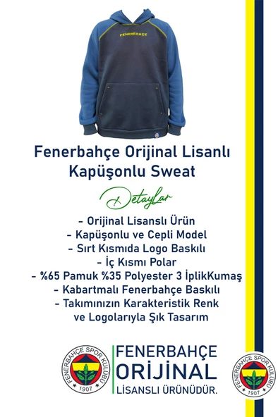 Fenerbahçe Orijinal Lisanslı Kapüşonlu Erkek Sweat - 2