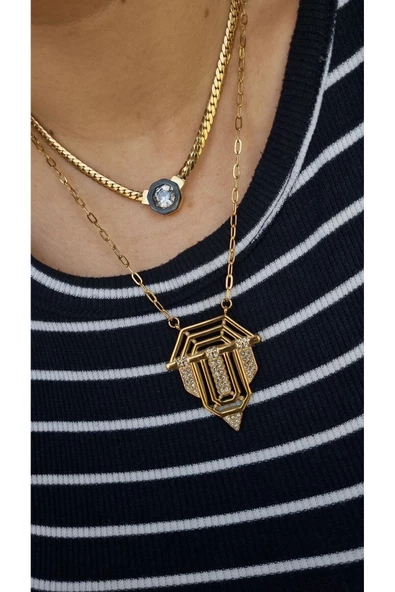 Kadın Gold Renk Leyla Zirkon Taşlı Baget Serenay Sarıkaya ÇELİK Kolye Aksesuar Şık Kadın Hediyelik - 3