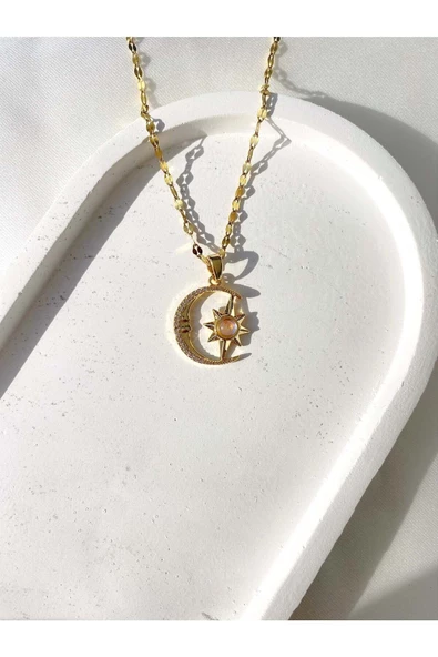 Kadın Paslanmaz Çelik Opal Taşlı Gold Hilal Yıldız Kolye Kolye Aksesuar Şık Takı