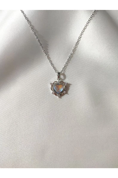Kadın Paslanmaz Çelik Silver Opal Taşlı Kalp Kolye Hediyelik Şık