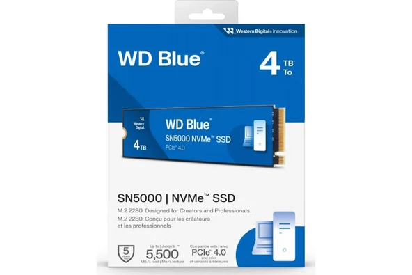 WD Blue SN5000 4TB WDS400T4B0E 5500/5000MB/s PCIe Gen4 x4 M.2 2280 NVMe SSD - 4