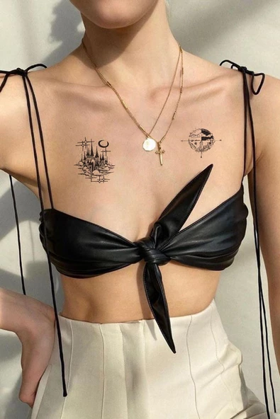 Şato ve Pusula Omuz Geçici Dövme Tattoo Şık Moda Aksesuar El,Kol,Bilek,Göğüs Dövme,Tattoo