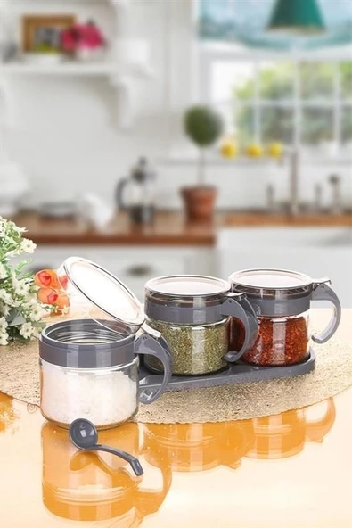 Gri 3lü Standlı Kapaklı Kaşıklı Cam Hava Sızdırmaz Baharatlık Takımı KC-386 - 5