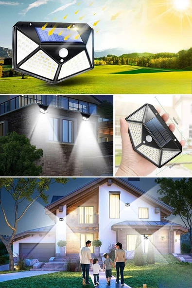 100 Ledli 3 Farklı Aydınlatma Ayarlı Solar Güneş Enerjili Hareket Sensörlü Bahçe Duvar Lambası - 8