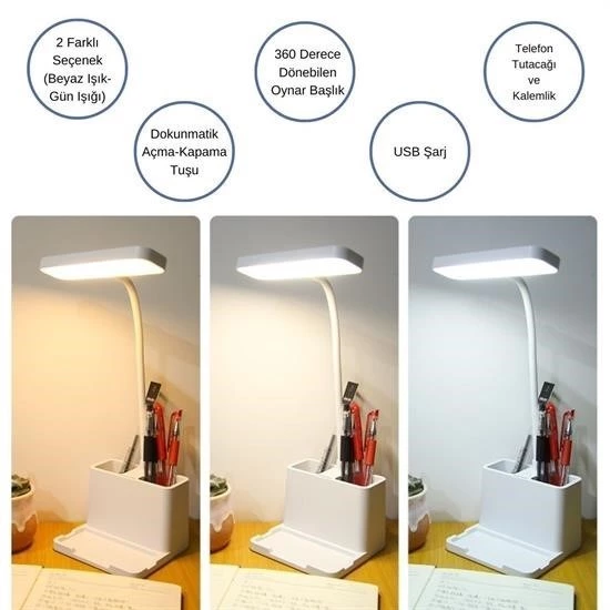 Kalemlikli USBli Dokunmatik 3 Kademeli 360 Derece Özel Göz Korumalı led Lityum Masa Lambası - 3