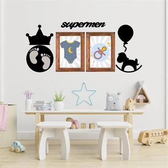 DECO103 Supermen Dekoratif Duvar Süsü Tablo Aksesuar Ahşap Tasarım Hediye Pano Sticker Seti - 5