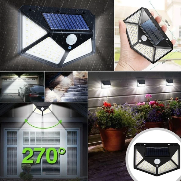 100 Ledli 3 Farklı Aydınlatma Ayarlı Solar Güneş Enerjili Hareket Sensörlü Bahçe Duvar Lambası - 2