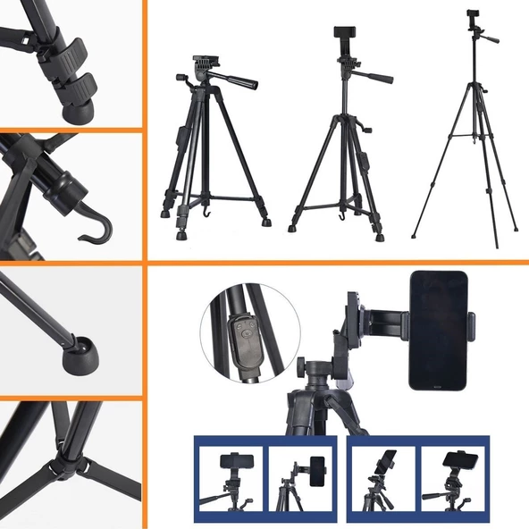 Telefon ve Fotoğraf Makinası Takılabilen Bluetooth Kumandalı 146 cm Tripod - 2