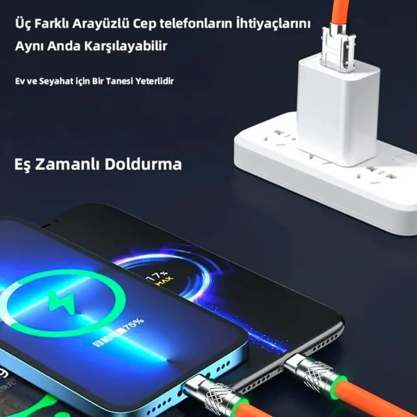 3 in 1 Type-C + Micro Usb + Lightning Hızlı Şarj Kablosu Silikon Kablo 1 Metre Opp Ambalaj - 4