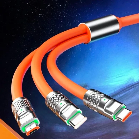 3 in 1 Type-C + Micro Usb + Lightning Hızlı Şarj Kablosu Silikon Kablo 1 Metre Opp Ambalaj - 2