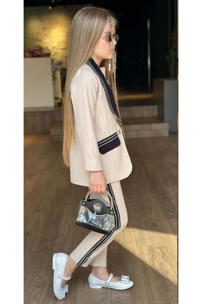 Kız Çocuk Taş İşleme Şal Yaka Blazer Ceket Dantel Detaylı Bluz Şerit Detaylı Krem Alt Üst Takım - Resim 7