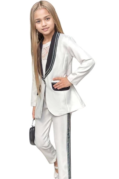 Kız Çocuk Taş İşleme Şal Yaka Blazer Ceket Dantel Detaylı Bluz Şerit Detaylı Beyaz Alt Üst Takım ürün görseli