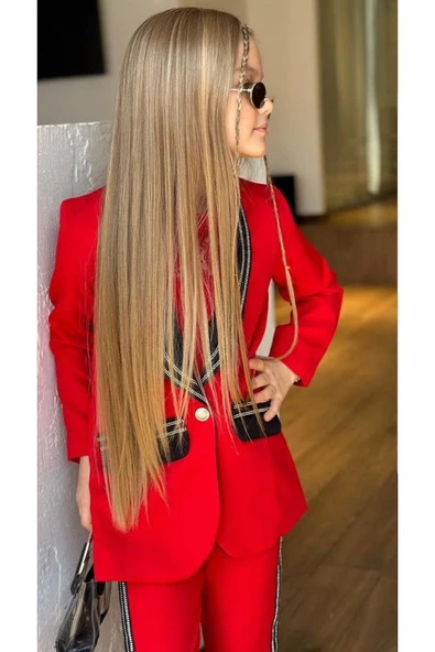 Kız Çocuk Taş İşleme Şal Yaka Blazer Ceket Dantel Detaylı Bluz Şerit Detaylı Kırmızı Alt Üst Takım - Resim 6