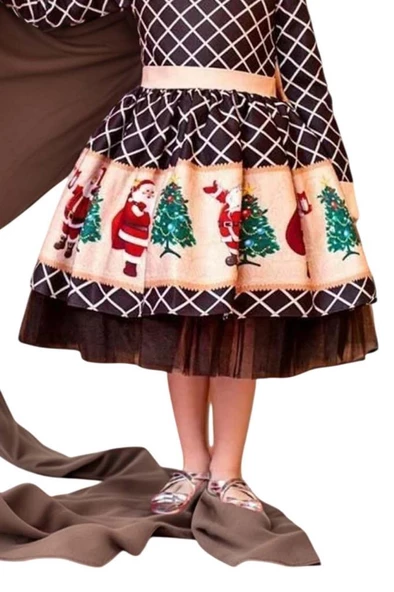 Kız Çocuk Ekose Detaylı Noel Baba Baskılı Bebe Yaka Noel Siyah Elbise - 3