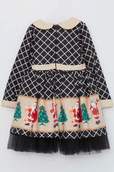 Kız Çocuk Ekose Detaylı Noel Baba Baskılı Bebe Yaka Noel Siyah Elbise - 8
