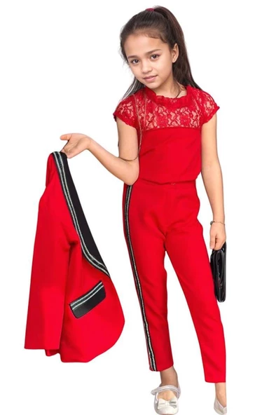 Kız Çocuk Taş İşleme Şal Yaka Blazer Ceket Dantel Detaylı Bluz Şerit Detaylı Kırmızı Alt Üst Takım - Resim 2