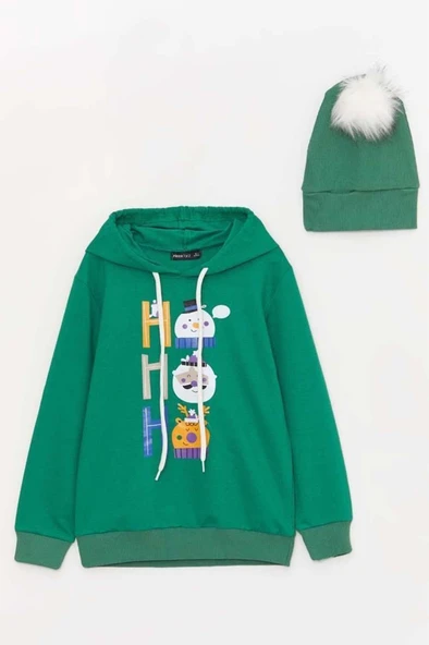 Kız Erkek Kardan Adam ve Yazı Baskılı Bereli Yeni Yıl Yeşil Eşofman Takım - Resim 4