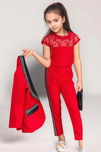 Kız Çocuk Taş İşleme Şal Yaka Blazer Ceket Dantel Detaylı Bluz Şerit Detaylı Kırmızı Alt Üst Takım - Resim 4