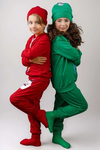 Kız Erkek Kardan Adam ve Yazı Baskılı Bereli Yeni Yıl Kırmızı Eşofman Takım - Resim 3