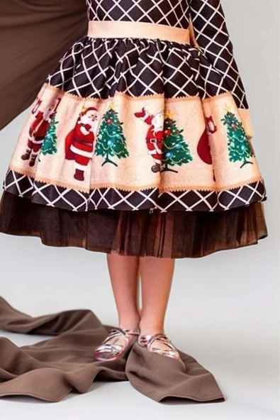 Kız Çocuk Ekose Detaylı Noel Baba Baskılı Bebe Yaka Noel Siyah Elbise - 6