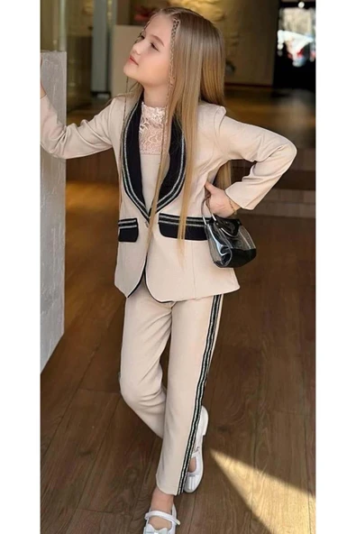 Kız Çocuk Taş İşleme Şal Yaka Blazer Ceket Dantel Detaylı Bluz Şerit Detaylı Krem Alt Üst Takım - Resim 5