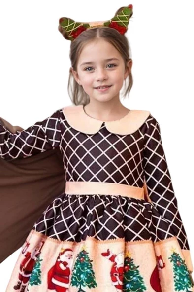 Kız Çocuk Ekose Detaylı Noel Baba Baskılı Bebe Yaka Noel Siyah Elbise - 2