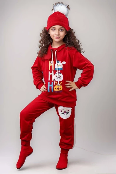 Kız Erkek Kardan Adam ve Yazı Baskılı Bereli Yeni Yıl Kırmızı Eşofman Takım - Resim 2