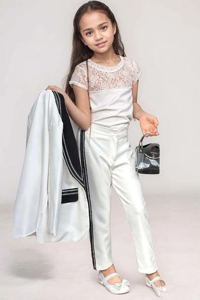 Kız Çocuk Taş İşleme Şal Yaka Blazer Ceket Dantel Detaylı Bluz Şerit Detaylı Beyaz Alt Üst Takım - Resim 5