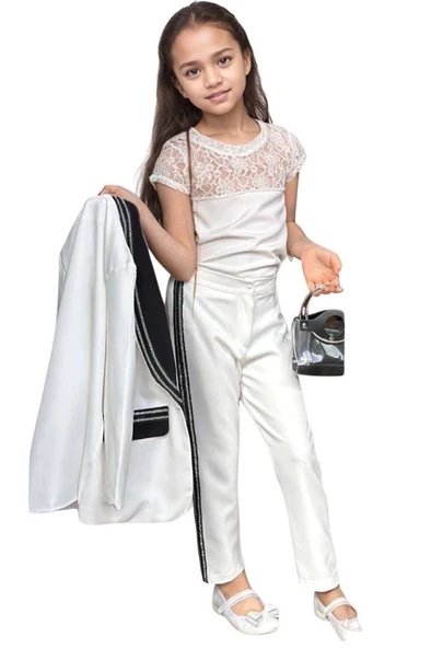 Kız Çocuk Taş İşleme Şal Yaka Blazer Ceket Dantel Detaylı Bluz Şerit Detaylı Beyaz Alt Üst Takım - Resim 2