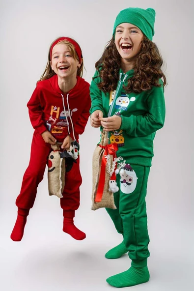 Kız Erkek Kardan Adam ve Yazı Baskılı Bereli Yeni Yıl Yeşil Eşofman Takım - Resim 2