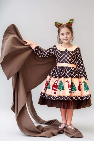 Kız Çocuk Ekose Detaylı Noel Baba Baskılı Bebe Yaka Noel Siyah Elbise - 4