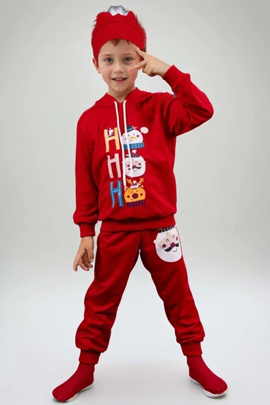 Kız Erkek Kardan Adam ve Yazı Baskılı Bereli Yeni Yıl Kırmızı Eşofman Takım ürün görseli