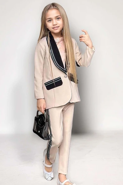 Kız Çocuk Taş İşleme Şal Yaka Blazer Ceket Dantel Detaylı Bluz Şerit Detaylı Krem Alt Üst Takım - Resim 4
