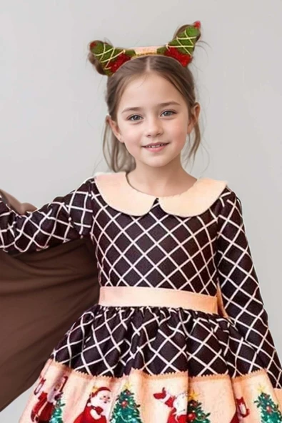 Kız Çocuk Ekose Detaylı Noel Baba Baskılı Bebe Yaka Noel Siyah Elbise - 5