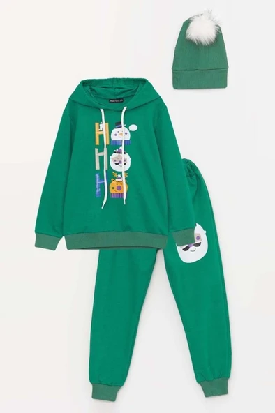 Kız Erkek Kardan Adam ve Yazı Baskılı Bereli Yeni Yıl Yeşil Eşofman Takım - Resim 3
