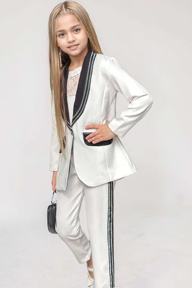 Kız Çocuk Taş İşleme Şal Yaka Blazer Ceket Dantel Detaylı Bluz Şerit Detaylı Beyaz Alt Üst Takım - Resim 3