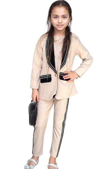 Kız Çocuk Taş İşleme Şal Yaka Blazer Ceket Dantel Detaylı Bluz Şerit Detaylı Krem Alt Üst Takım ürün görseli