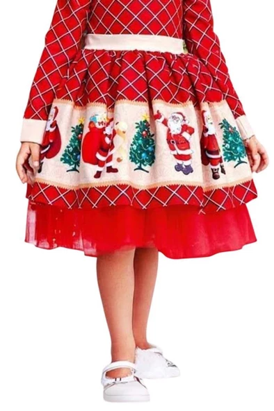 Kız Çocuk Ekose Detaylı Noel Baba Baskılı Bebe Yaka Noel Kırmızı Elbise - Resim 3