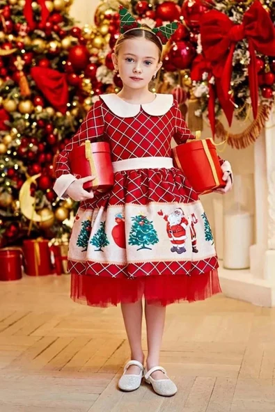Kız Çocuk Ekose Detaylı Noel Baba Baskılı Bebe Yaka Noel Kırmızı Elbise - Resim 5
