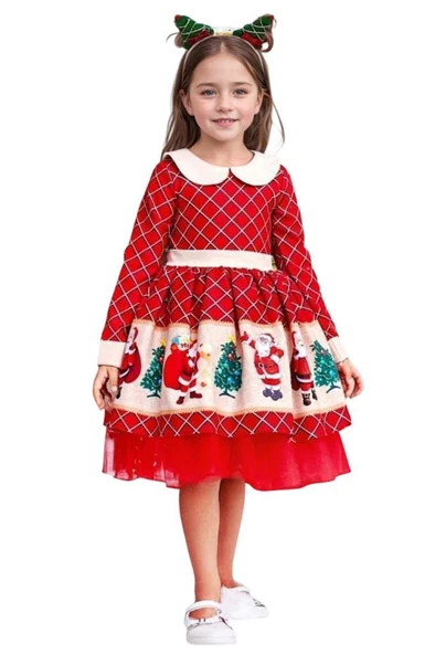 Kız Çocuk Ekose Detaylı Noel Baba Baskılı Bebe Yaka Noel Kırmızı Elbise ürün görseli