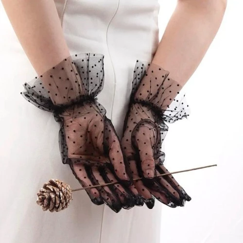 Kısa Güpürlü Siyah Puantiyeli Tül Eldiven - Resim 5