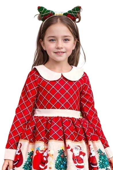 Kız Çocuk Ekose Detaylı Noel Baba Baskılı Bebe Yaka Noel Kırmızı Elbise - Resim 2