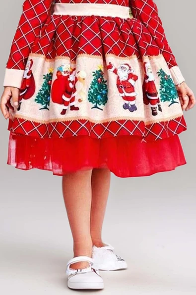 Kız Çocuk Ekose Detaylı Noel Baba Baskılı Bebe Yaka Noel Kırmızı Elbise - Resim 7