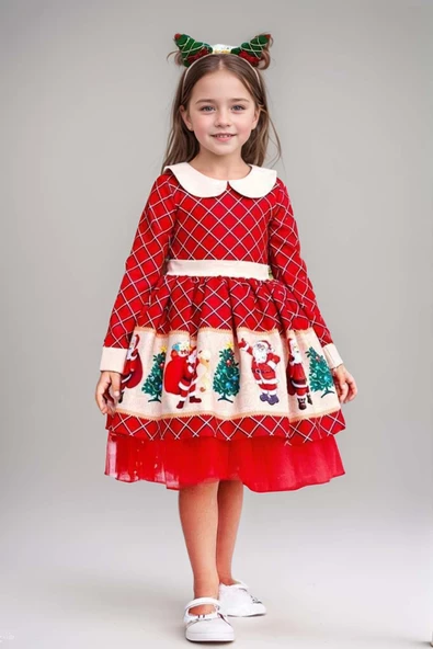 Kız Çocuk Ekose Detaylı Noel Baba Baskılı Bebe Yaka Noel Kırmızı Elbise