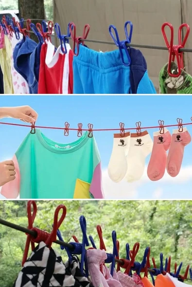 Taşınabilir Seyahat Çamaşır İpi 12 Mandallı Klipsli Lastikli Çamaşır Mandalları - 8