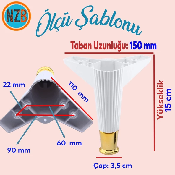 Mobilya Çekyat Kanepe Komidin Sehpa TV Ünitesi Koltuk Ayağı 15 cm Beyaz Altın Baza Ayak 4 Adet - Resim 2