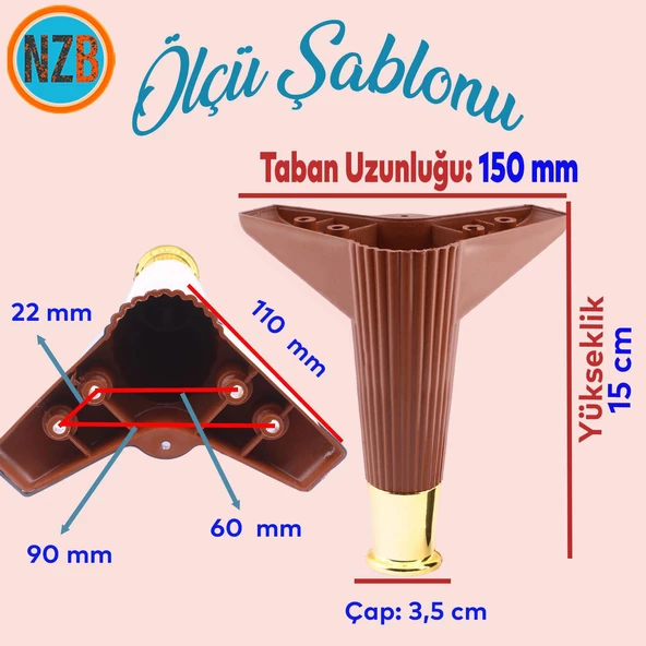 Mobilya Çekyat Kanepe Komidin Sehpa TV Ünitesi Koltuk Ayağı 15 cm Ceviz Altın Baza Ayak 4 Adet - Resim 2